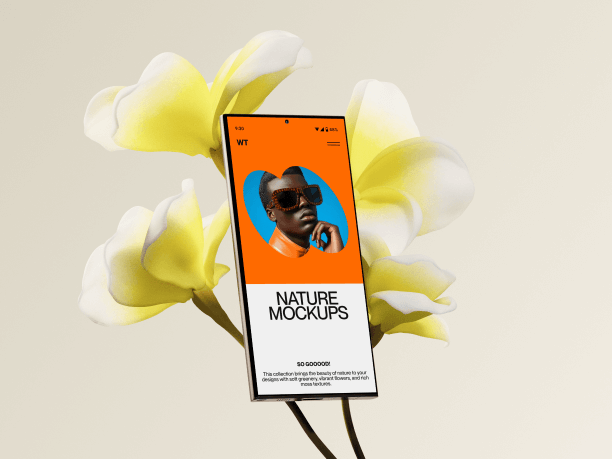 samsung s24 mockup in front of the flowers