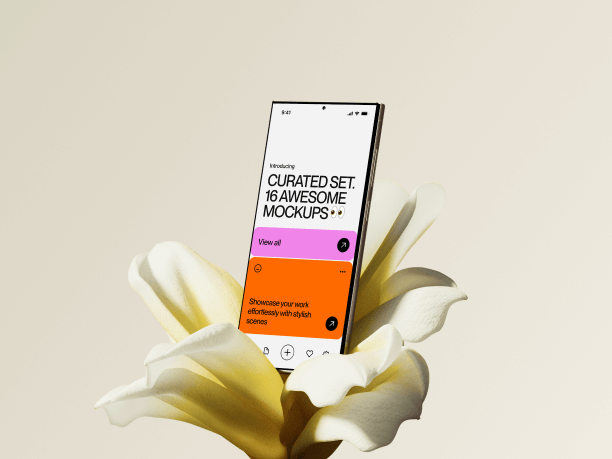 samsung s24 mockup in front of the flowers