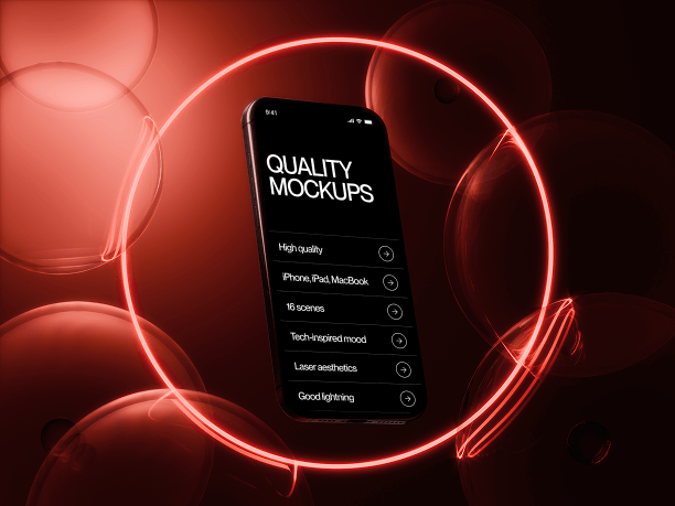 neon circle iphone mockup in red atmosphere