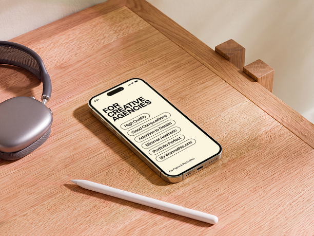 iphone mockup on wooden edge desk
