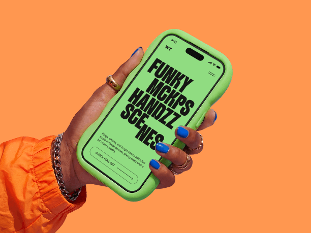 funky iphone mockup held in hand