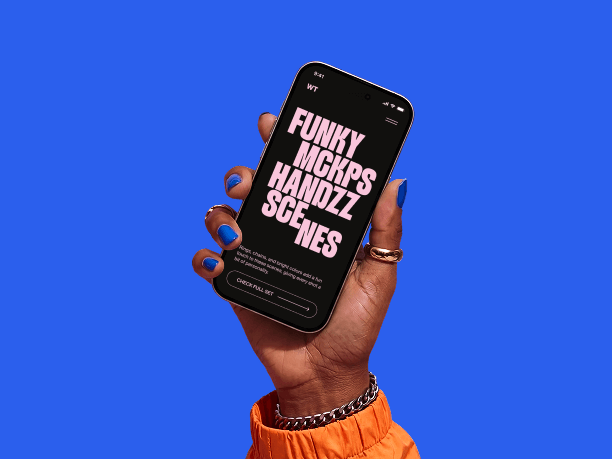 funky iphone mockup in hand with bold pose