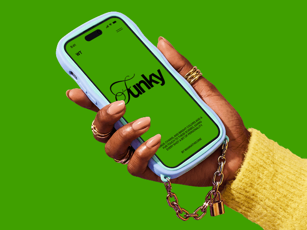 funky iphone mockup in hand with chain accessory