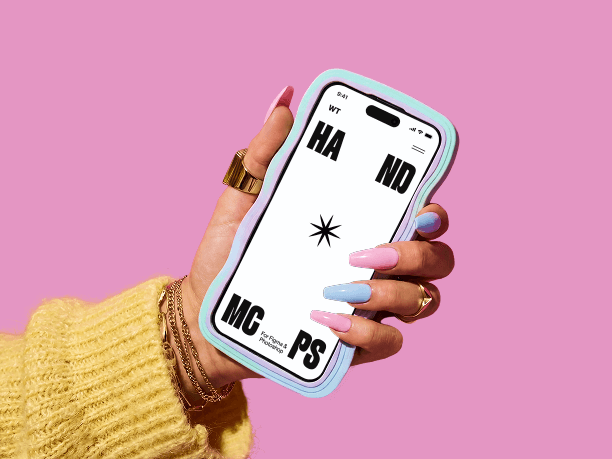 playful iphone mockup in hand studio shot