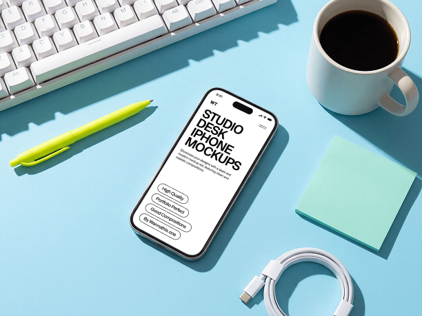 iphone mockup on minimal desk with accessories