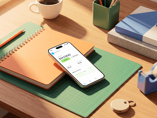 iphone mockup on desk with notebook and tools