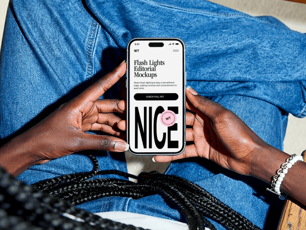 top view hands holding iphone editorial mockup
