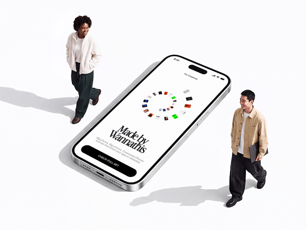 giant iphone mockup with two people walking