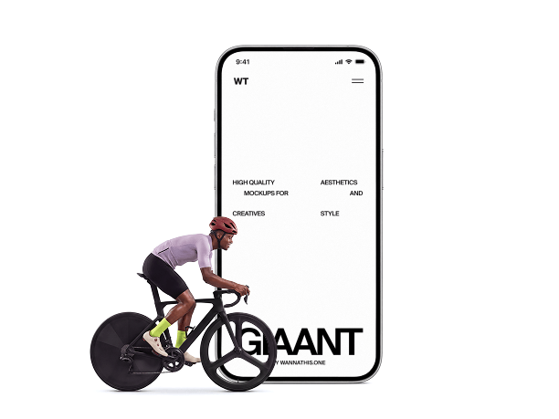 standing giant iphone mockup with a cyclist