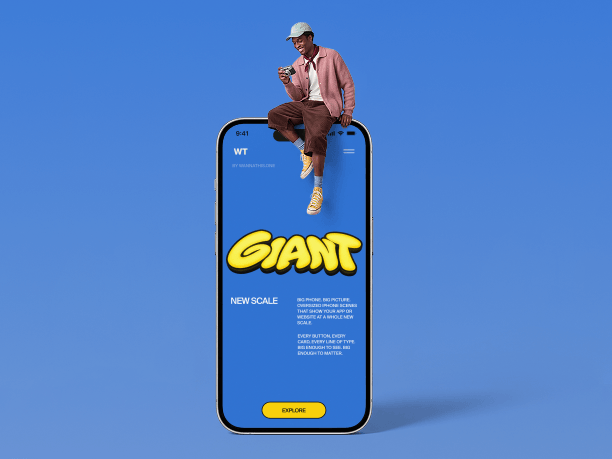 giant iphone mockup with a man on top