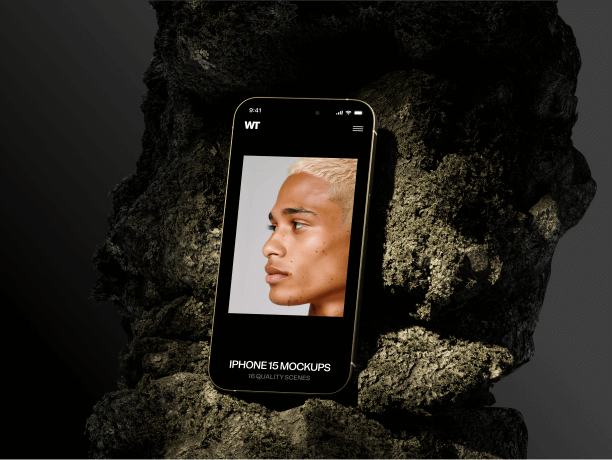 iphone 15 on a stone overgrown with moss