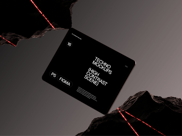floating tablet mockup over jagged rock