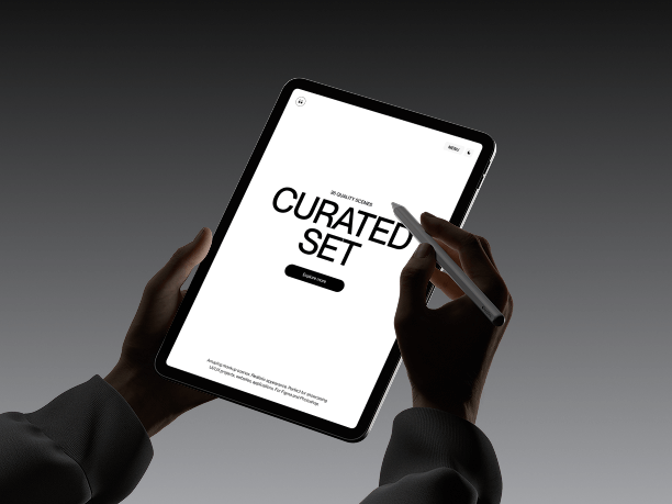 ipad with stylus mockup in hand dark background