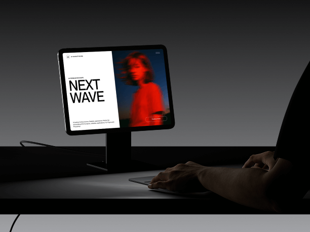 ipad on desk stand mockup - dark theme