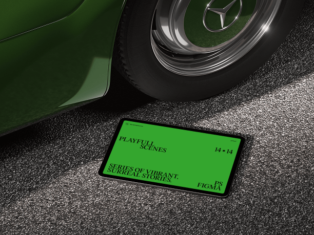 tablet mockup placed beside car tire
