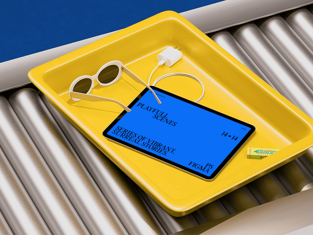 tablet mockup in tray with travel essentials