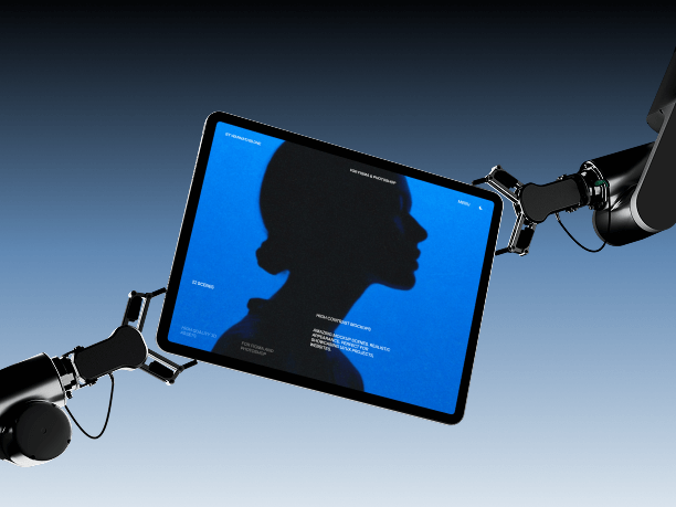 tablet mockup in mechanical arms