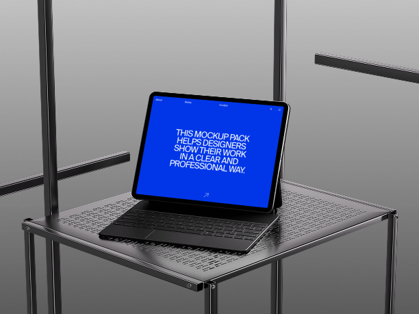 tablet mockup on perforated metal table