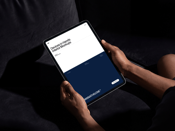 tablet mockup in hands on lounge seat