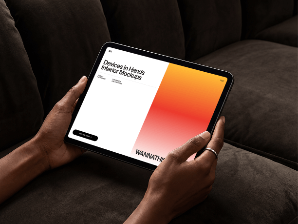 tablet mockup in hands on couch